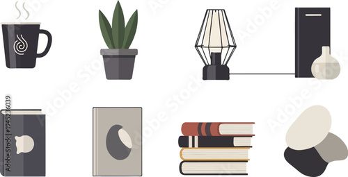 Cozy interior elements steaming mug, potted plant, lamp, books, and decorative stones