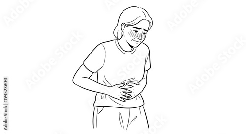 Woman with stomach ache, holding her abdomen in pain, feeling unwell