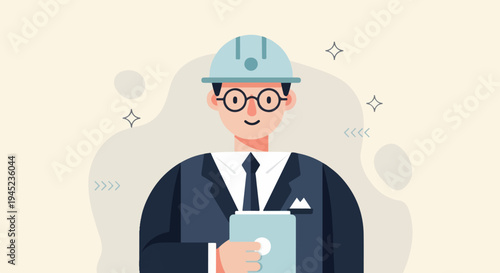 Flat illustration of an architect or engineer in a suit and hard hat