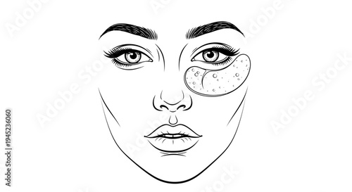 Woman's Face Sketch with Under Eye Patches, Beauty and Skincare Line Art