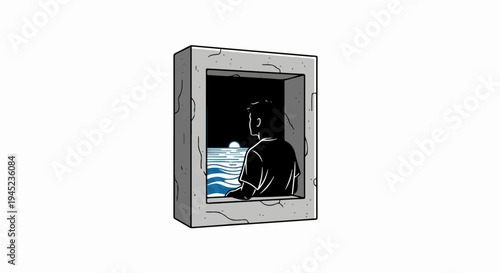 Person looks out window at ocean sunset, abstract style