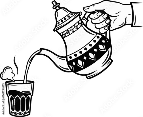 Hand pouring hot liquid from ornate pot into faceted glass cup