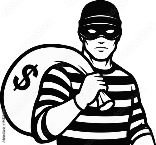 Masked bandit with a striped shirt carries a sack of money