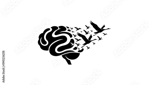 Brain silhouette with birds flying out in black vector illustration
