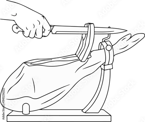 Hand slicing cured meat on a carving stand