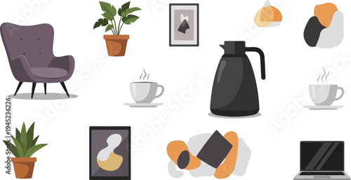 Cozy interior scene with chair, plants, coffee, and tech