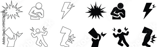 discomfort icon set, stick figure icons various human body aches pains and discomfort symptoms design, highlighting discomfort areas, pain health issues, tired posture, body ache, depicting joint pain