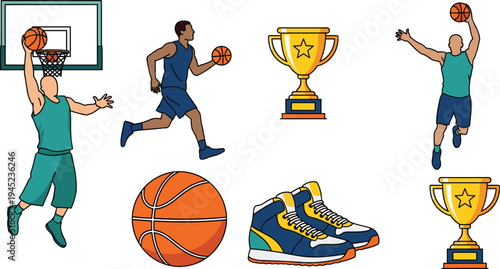 Basketball Sports Vector Set with Players Dunking Running Ball Trophy Sneakers and Court Hoop Equipment Illustration Collection Isolated on White Background