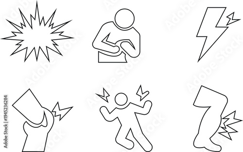 discomfort icon set, stick figure icons various human body aches pains and discomfort symptoms design, highlighting discomfort areas, pain health issues, tired posture, body ache, depicting joint pain