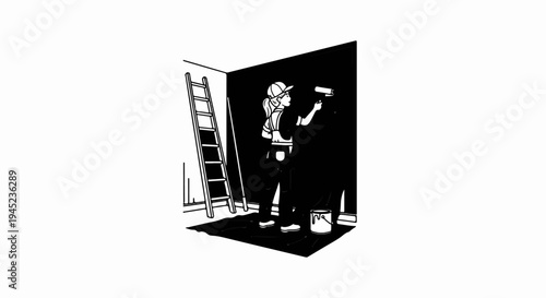 Person painting a dark wall with a roller, ladder nearby