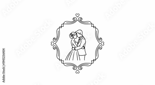 Elegant line art of a couple embracing within an ornate frame