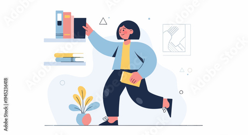 Person reaching for book on shelf, holding another book, stylized plant