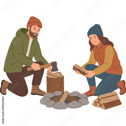 Couple preparing firewood for campfire in outdoor setting together now