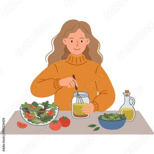 Woman preparing a healthy salad with fresh vegetables and dressing at home