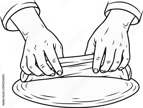 Hands flattening dough with a rolling pin for baking or cooking