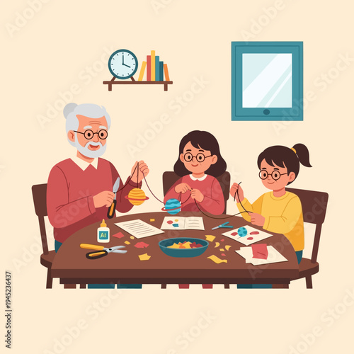 Grandfather and grandchildren doing crafts with scissors and glue