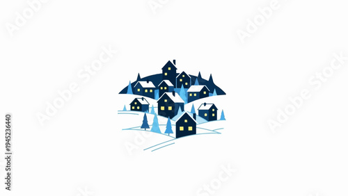 Cozy village nestled in snowy hills with warm glowing windows