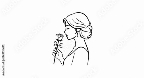 Elegant profile of woman smelling a single rose