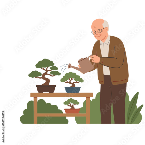 An elderly man waters bonsai trees on a wooden table outdoors.