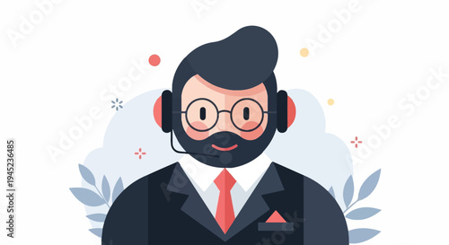 Friendly bearded man in headset and suit, offering assistance