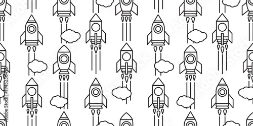 ロケットと雲のシンプルな線画背景模様
