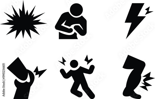 discomfort icon set, stick figure icons various human body aches pains and discomfort symptoms design, highlighting discomfort areas, pain health issues, tired posture, body ache, depicting joint pain