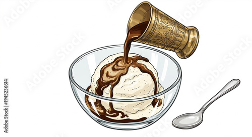 Pouring Hot Espresso over Vanilla Ice Cream, Affogato Dessert