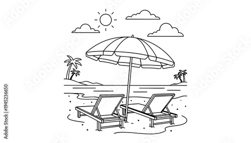 Beach vector illustration of two lounge chairs under a sun umbrella