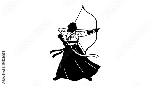 A woman in traditional attire holds a bow and arrow in a powerful stance