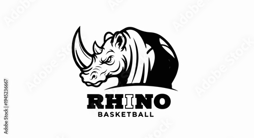 Ferocious rhino head with text "RHINO BASKETBALL" below.