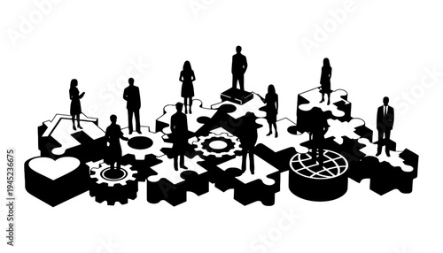 Business people silhouette illustration on puzzle pieces and gears