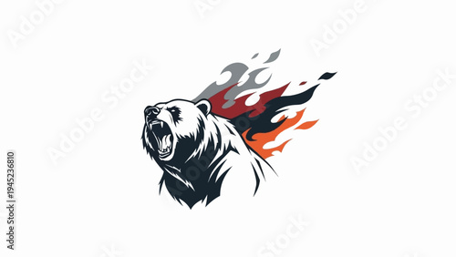 Fierce bear head with fiery mane and smoke trailing behind