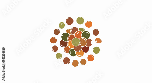 Cluster of colorful circular shapes radiating outwards on white background