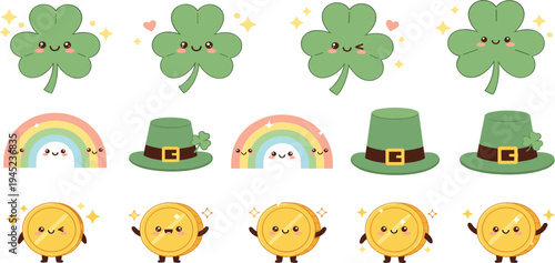Cute Cartoon St. Patrick's Day Elements Set with Shamrocks, Rainbows, Leprechaun Hats, and Gold Coins for Festive Illustrations and Designs