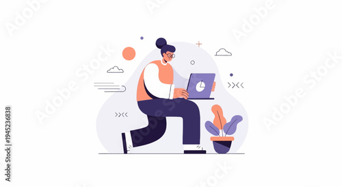 Person using laptop near plant and abstract shapes