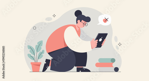Person using tablet with notification bubble, potted plant, and books