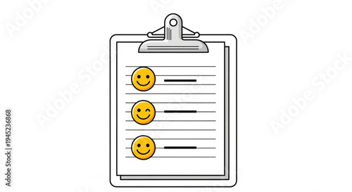 Smiley faces on a clipboard checklist with lines for evaluation or survey symbolizing positive feedback and satisfaction