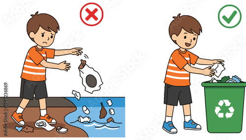 Recycle icon illustration of a boy properly disposing trash