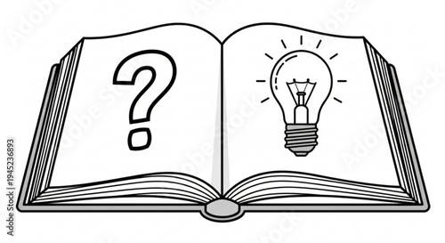 Open book with question mark and lightbulb on white background symbolizing ideas and inspiration