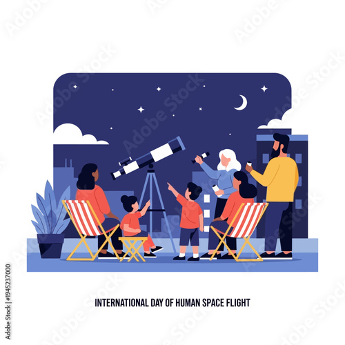 Family watching the stars together with a Telescope at Night