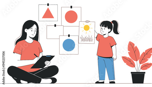 A woman and a girl creating artwork with geometric shapes and plants