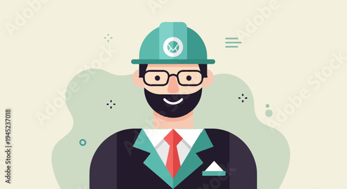 Flat illustration of a bearded man wearing a hard hat and suit