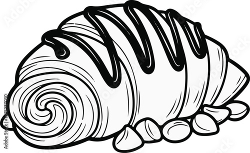 Delicious chocolate drizzled croissant with almonds on white background