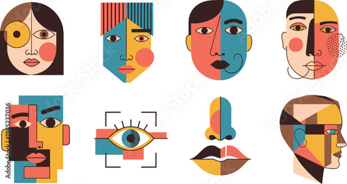 Abstract Geometric Human Faces Vector Set with Modern Cubism Style Portraits Eyes Lips and Artistic Character Illustration