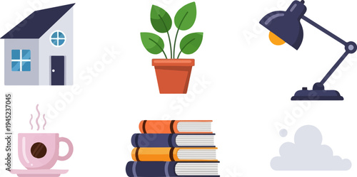 Collection of objects for home and study house, plant, lamp, coffee, books, cloud