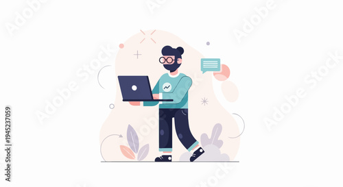 Flat illustration of a bearded man with glasses holding a laptop