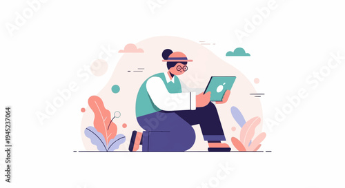 Person wearing a hat and glasses sits with a tablet device surrounded by plants