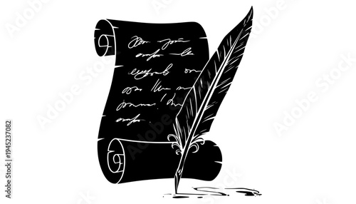 A quill pen writes on a vintage scroll illustration in black and white