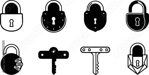 Collection of diverse padlock and key icons