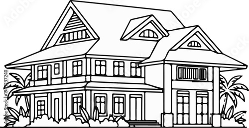 Detailed line art drawing of a multi-story house with tropical foliage